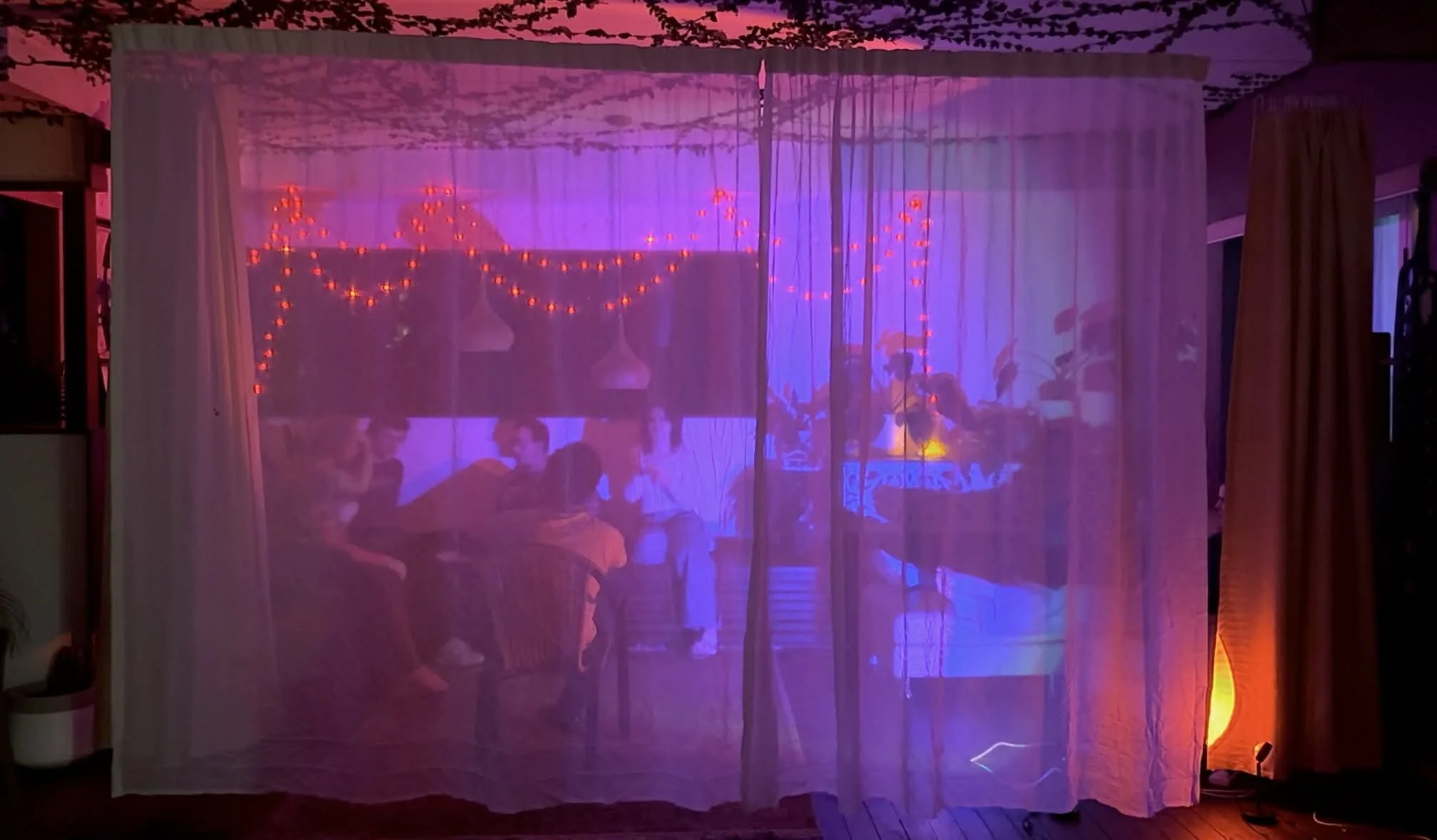 People sitting and socializing behind a sheer curtain with colorful outdoor lighting, fairy lights, and a cozy living room setting visible beyond the curtain.