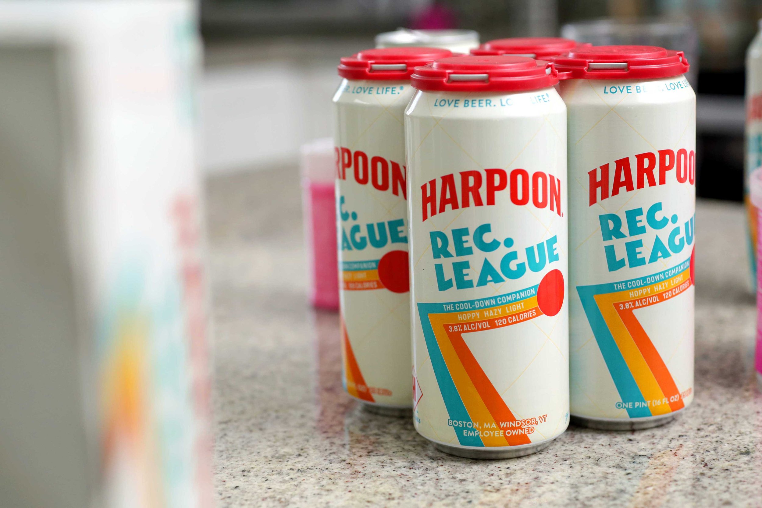 Close-up of Harpoon Rec League IPA beer can on kitchen counter