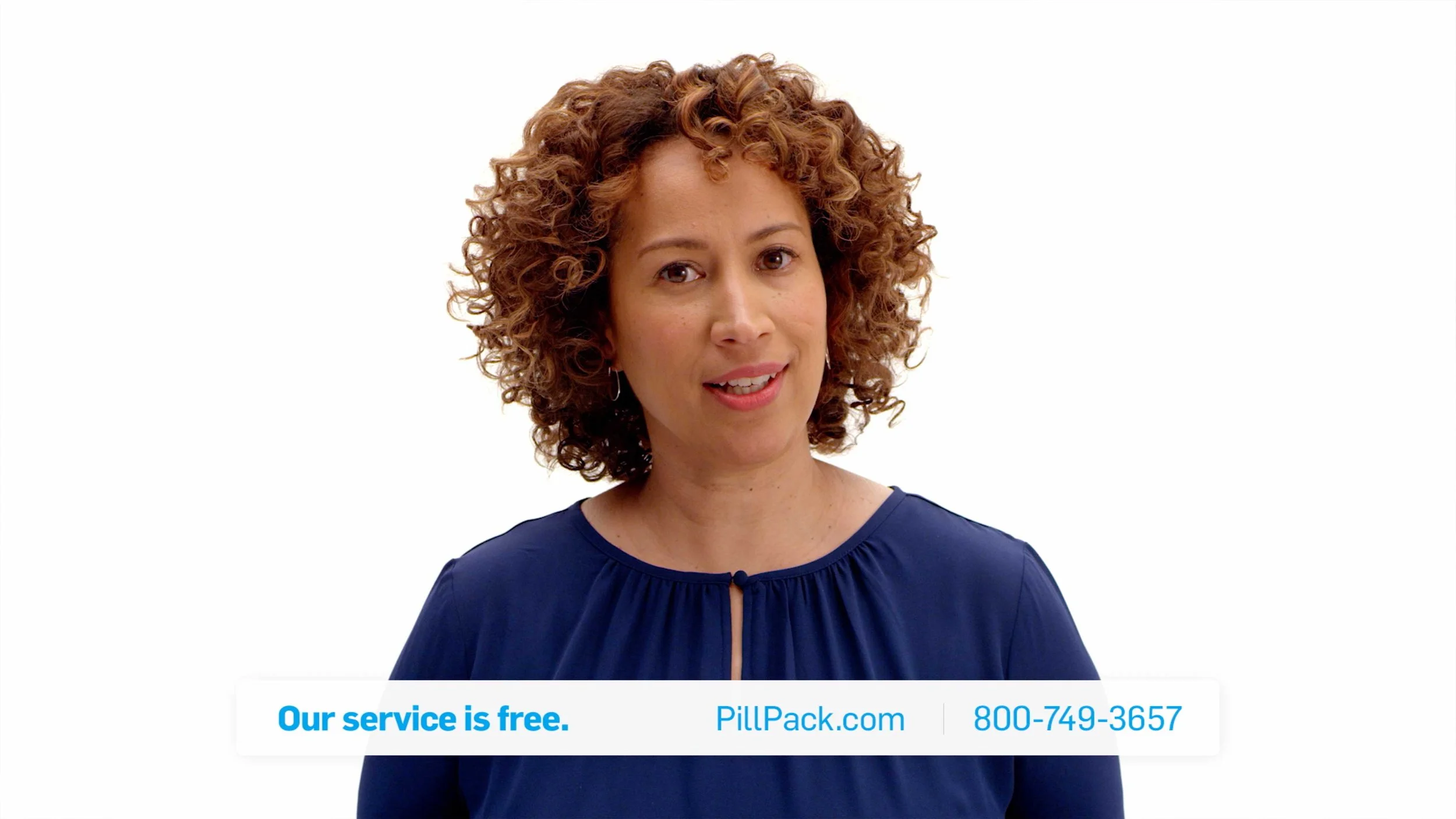 Woman talking to camera in a white studio environment in a PillPack TV commercial