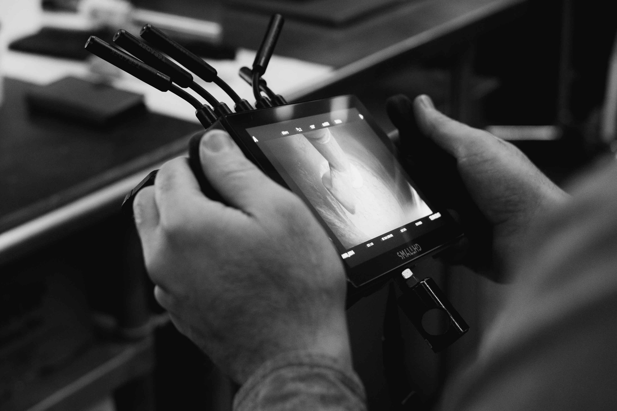Mikes Pastry film shoot behind the scenes handheld monitor