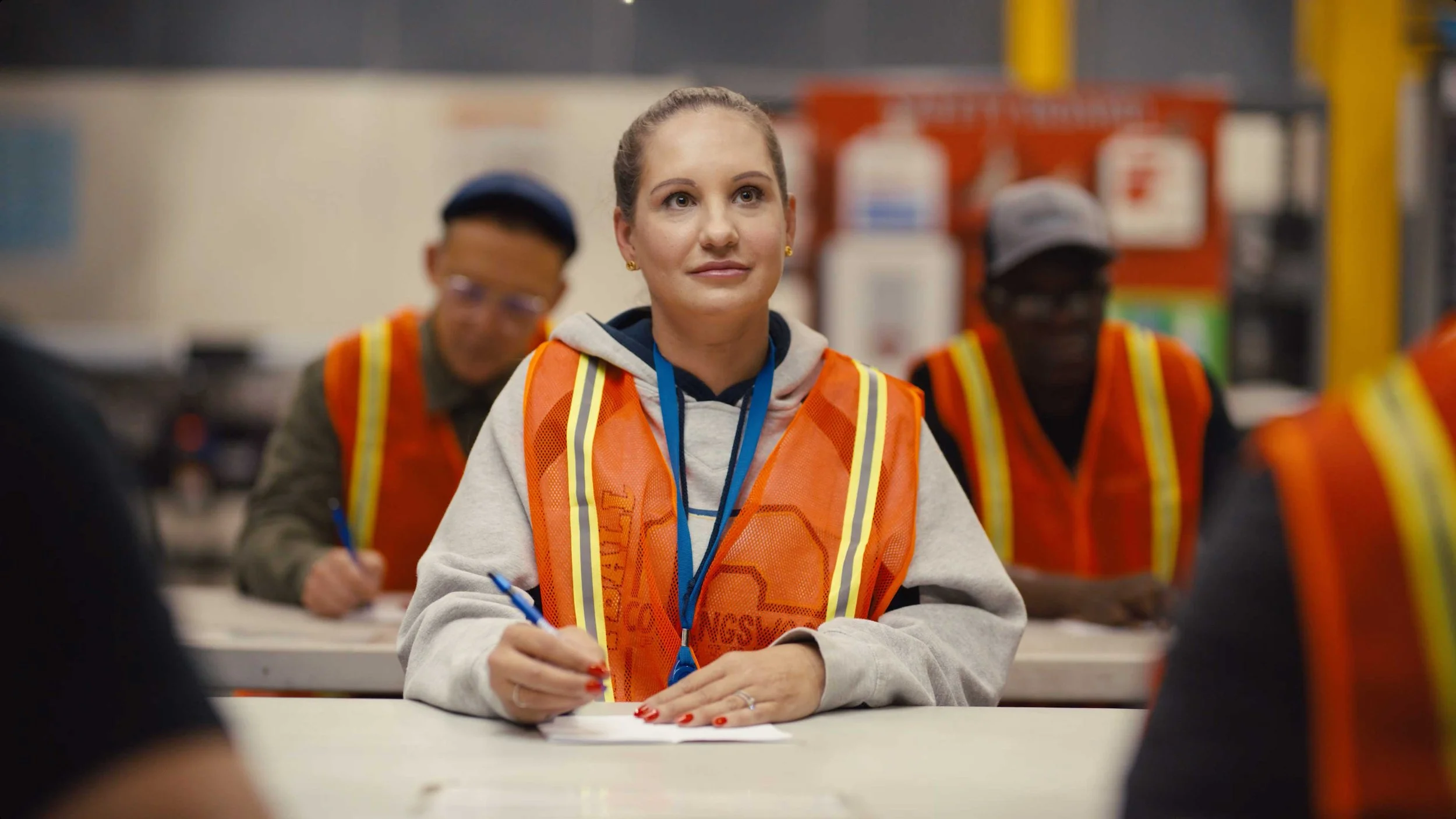 Katherine Hopkins Amazon Robotics Employee looks up from her training work in doc style commercial
