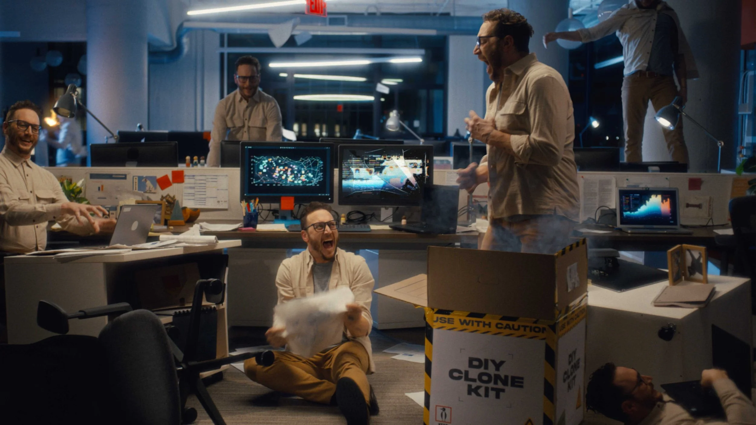 A number of clones cause havoc in an office space for a Dynatrace commercial