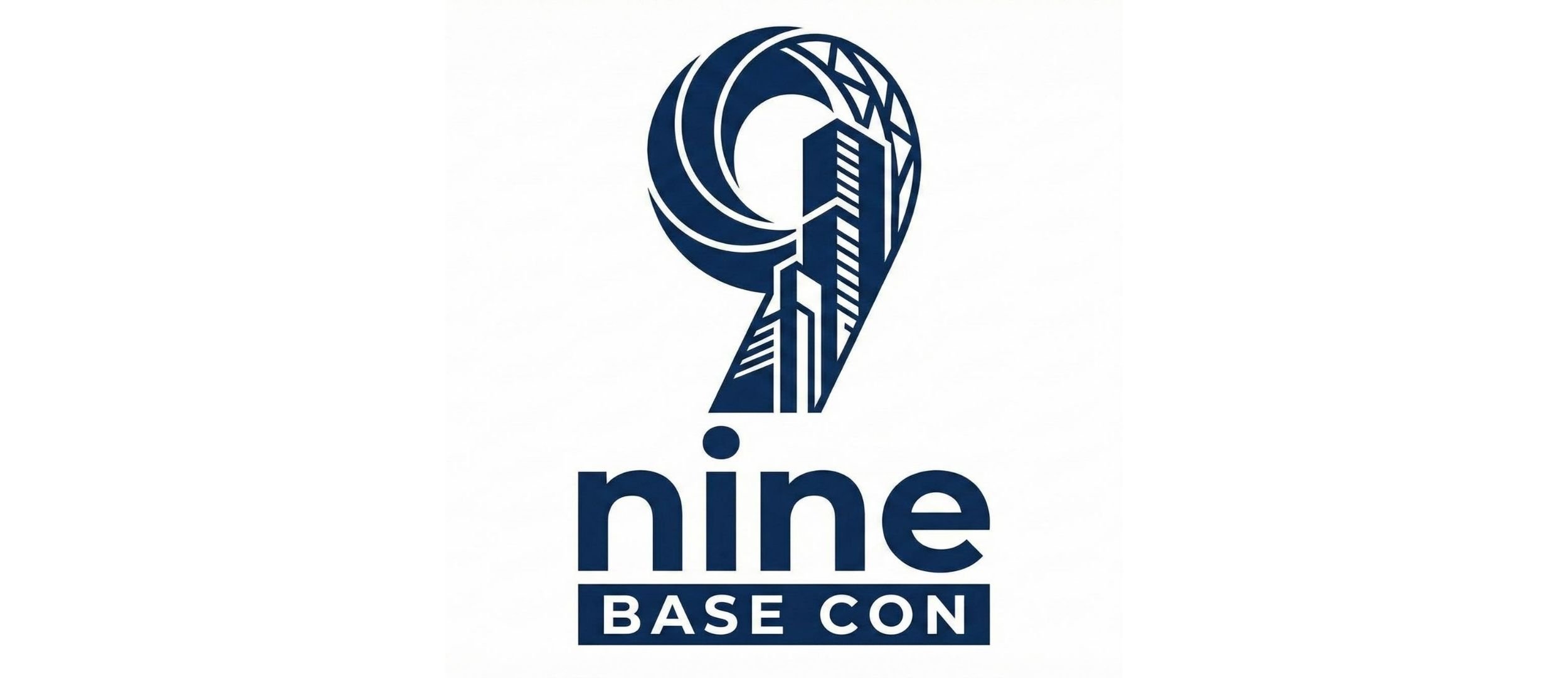 Logo for Nine Base Con, featuring a stylized number nine with a building and wave design above the text "nine BASE CON".