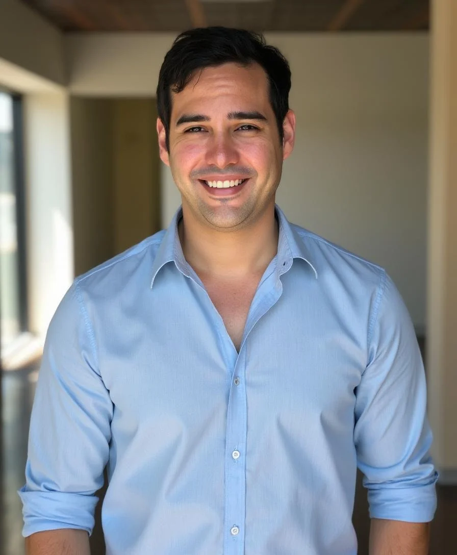 A smiling attorney with dark hair wearing a light blue button-up shirt, standing indoors with a window in the background.