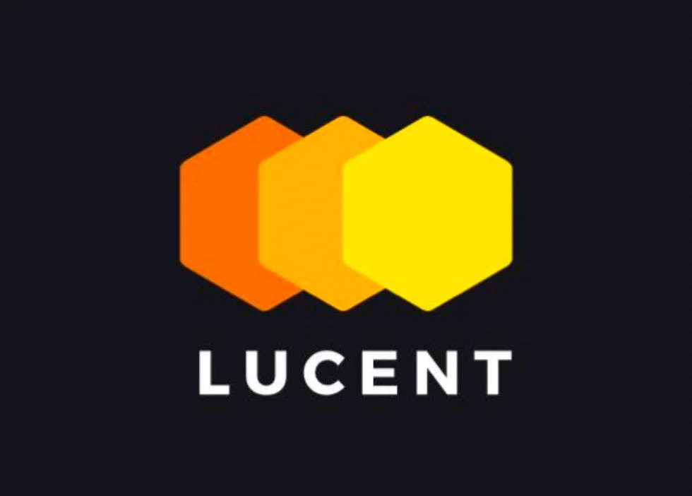 Logo with three overlapping hexagons in orange, yellow, and light yellow, with the word 'LUCENT' in white capital letters below.