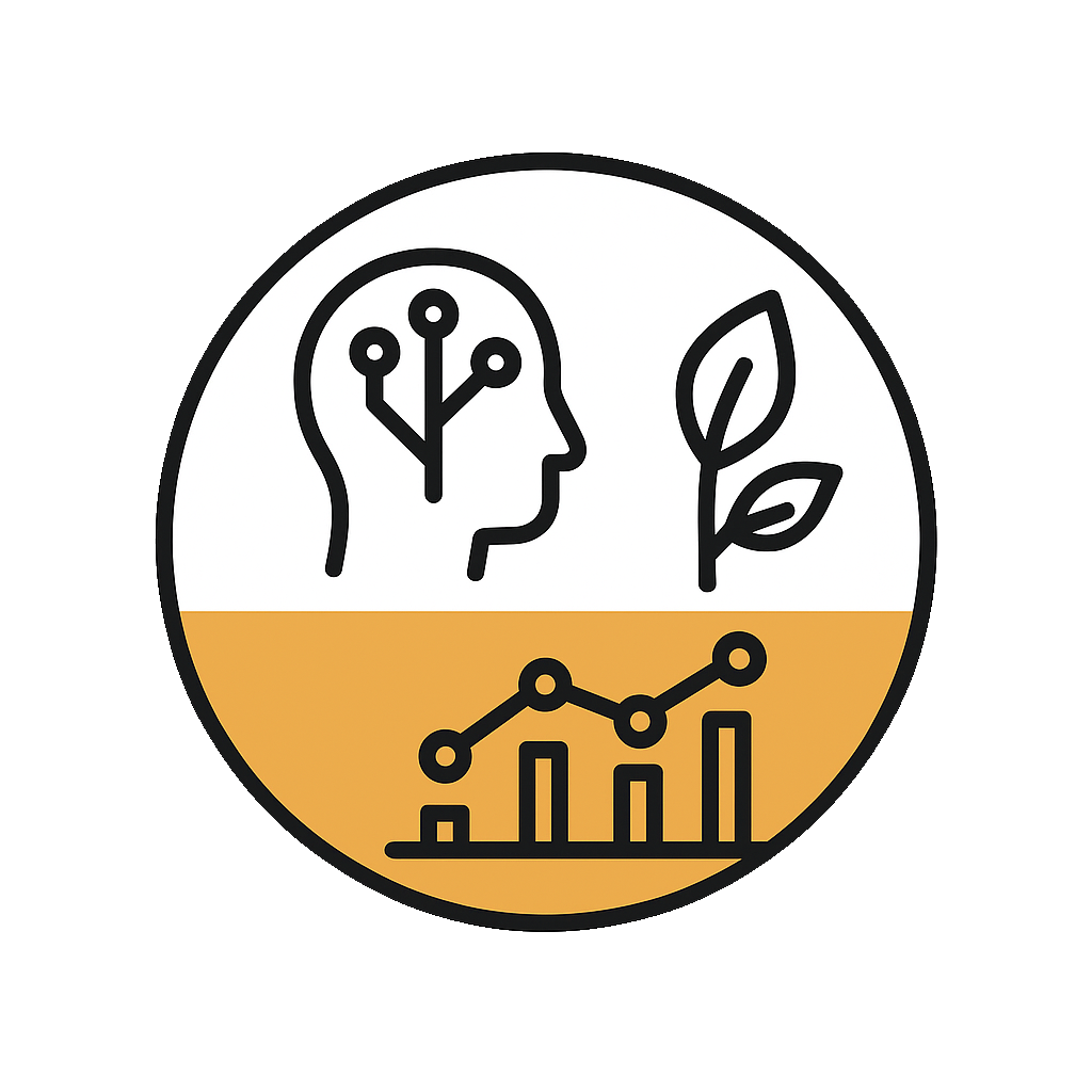 A circular icon divided into two halves, with a stylized human head with a circuit board inside and a leaf on the top half, and a graph with lines and bars on the bottom half, representing AI, sustainability, and data analytics.