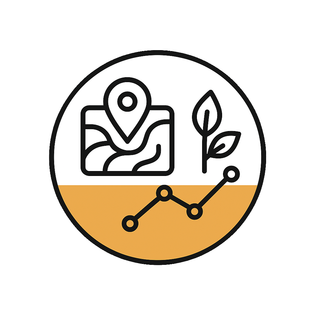 An icon with a map marker, a leaf, and a line graph inside a circle, divided with a white top half and a tan bottom half.