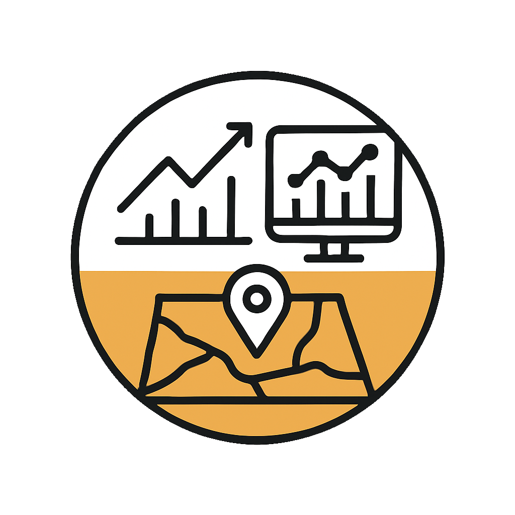 Icon depicting data analysis and geographic location with trending charts and maps.