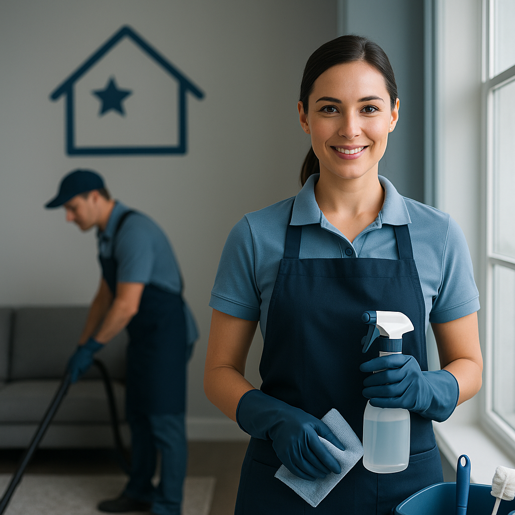 A woman in a blue uniform and rubber gloves holding a spray bottle and a cloth, smiling in a cleaning setting. In the background, a man is cleaning with a vacuum. There is a house-shaped wall decoration with a star on it.
