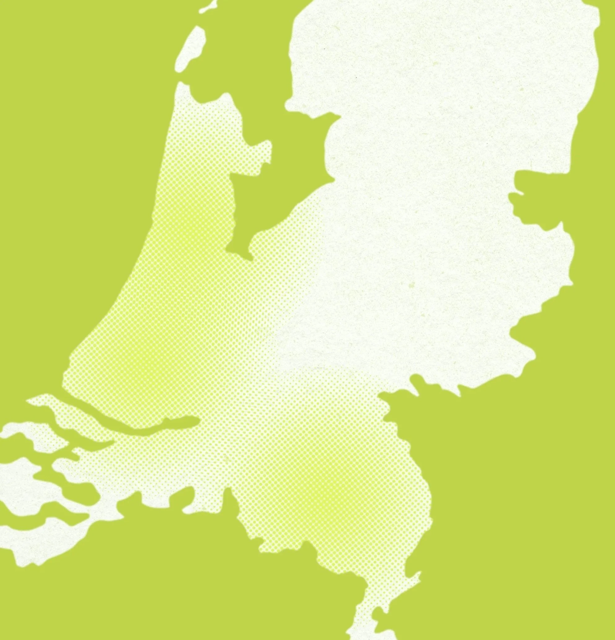 A stylized map showing parts of the Netherlands, with green and white color scheme. Green highlights the existing farm locations where Excellent Food Experts supply their fresh ingredients from.