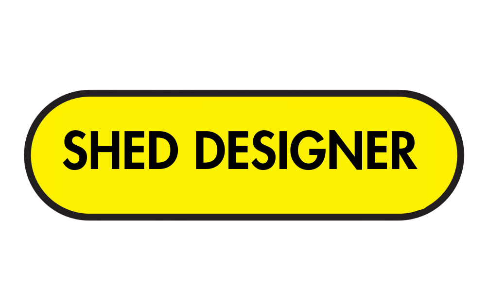 Yellow safety sign with black border and text that reads 'SHED DESIGNER'