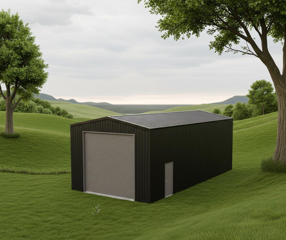 A black metal shed with a roll-up garage door and a side door, situated on a grassy hillside in a rural landscape with trees and rolling green hills.