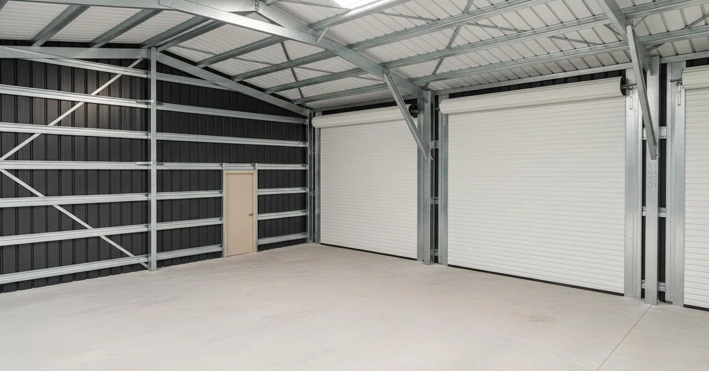 Empty garage or storage unit with metal walls, a concrete floor, and a metal ceiling. It has two white roll-up doors and a small beige door.