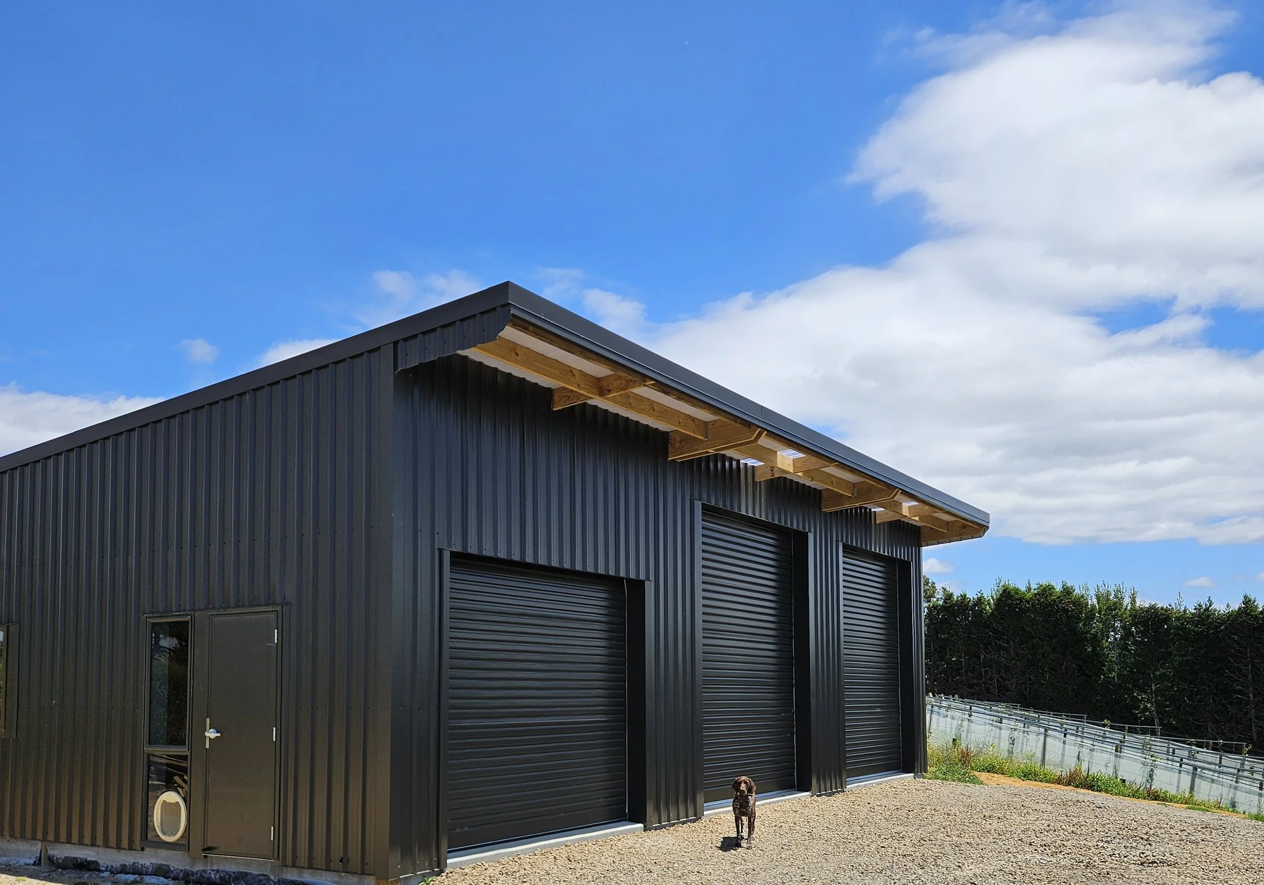 A modern black metal building with three large garage doors under a blue sky with some clouds, and a small brown dog standing in front.