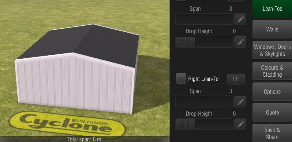 A digital interface for designing a small shed or cottage with options for customizing the shape, size, and colors. The structure is partially built with a black roof and white walls, positioned on a grassy surface with a yellow logo reading "Cyclone Buildings."