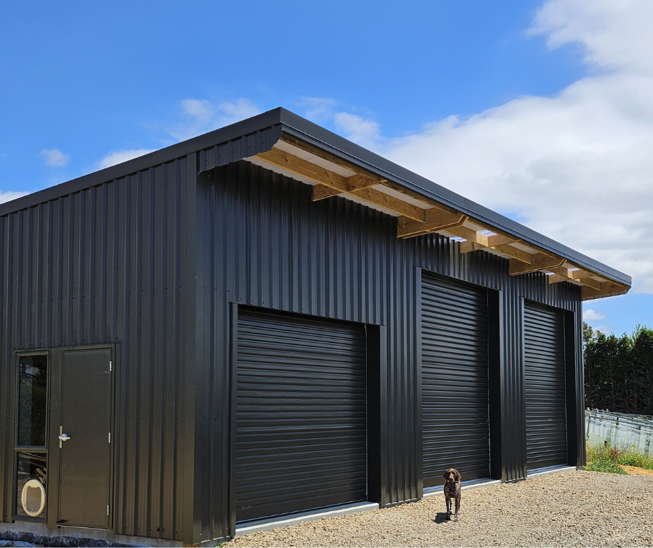 A black metal building with three roller doors, a small side door, and a dog standing outside on gravel. The building has an overhanging roof and is set against a partly cloudy sky with greenery in the background.