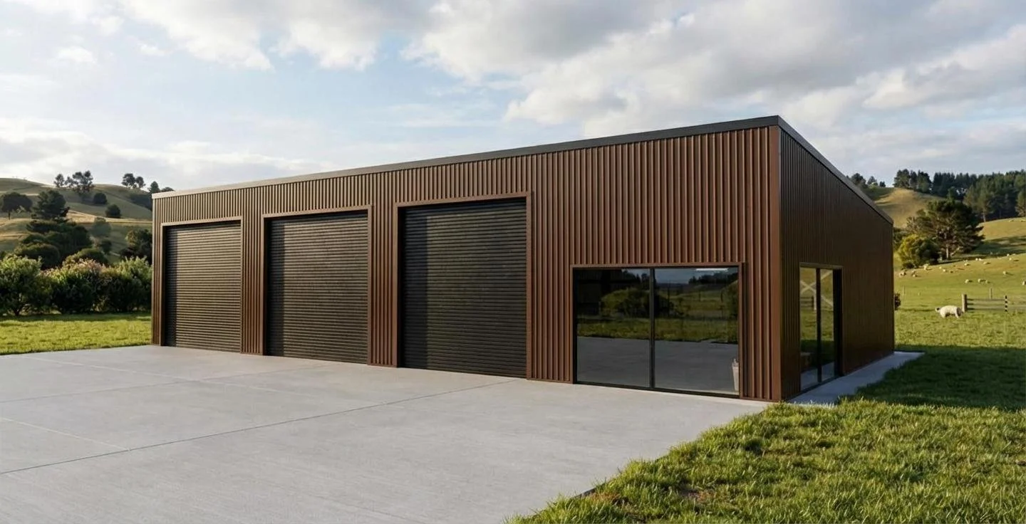 Design of an urban modern brown metal shed with three roll-up garage doors and a sliding glass door, surrounded by green grass and rolling hills in the background. Concrete driveway out the front. 