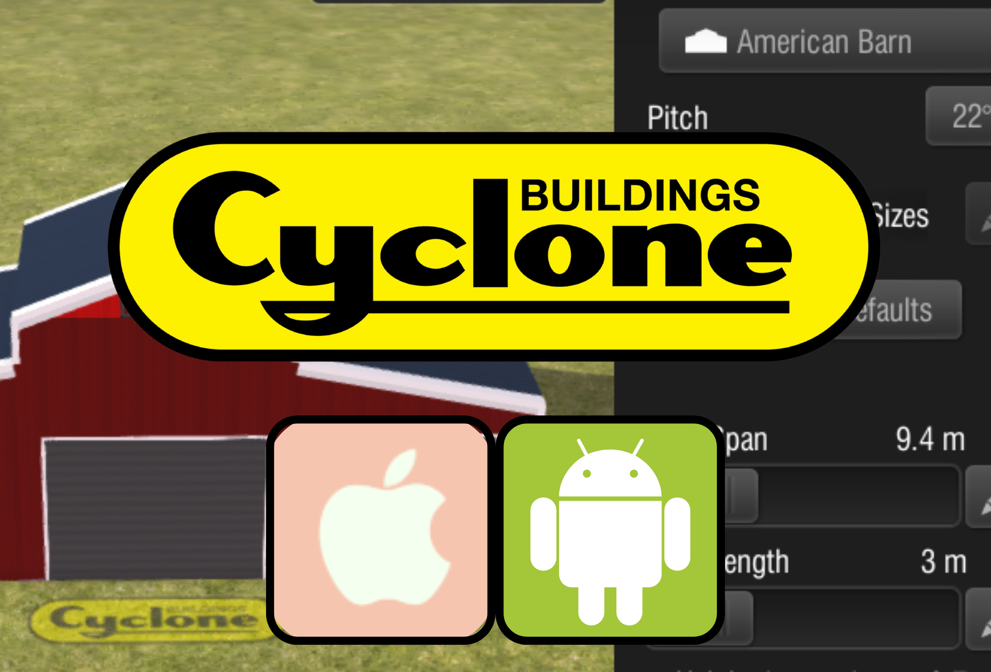 Cyclone shed builder app. Online designer app for apple ios or android. Image of red american barn being designed in the app