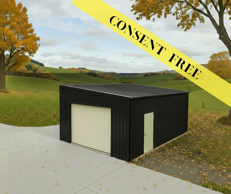 A black metal garage with a white door and a side door, situated in a grassy area with trees and rolling hills in the background, overcast sky, and a yellow banner with black text saying 'CONSERVE FREE' across the top.