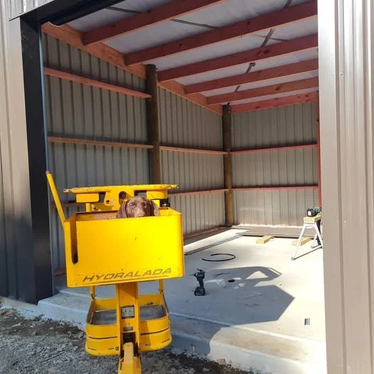 Construction site with a small concrete foundation, a yellow hydralada machine, and a white sawhorse in a partially enclosed structure with metal siding and wood framing.