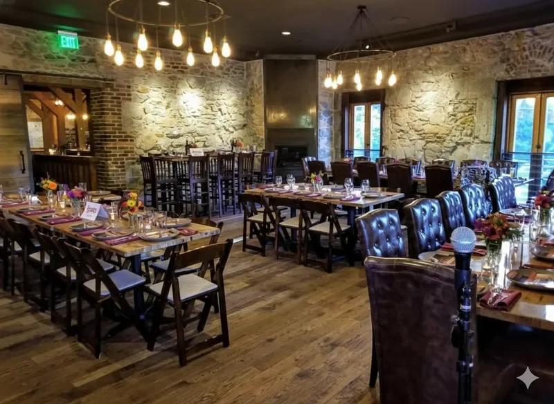 Elegant restaurant interior with rustic stone and brick walls, wooden tables with floral centerpieces, and selection of leather and wooden chairs, lit by modern hanging light fixtures with exposed bulbs.