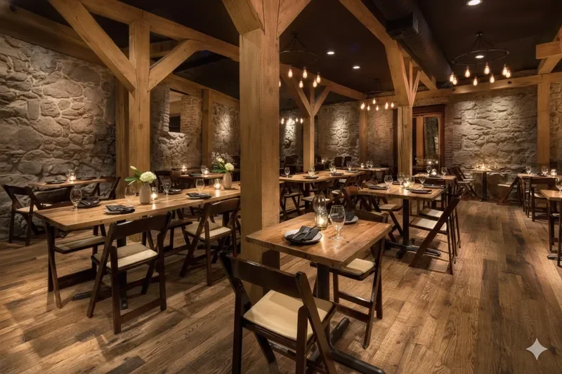 A cozy restaurant dining room with wooden tables and chairs, stone walls, and warm lighting from hanging bulbs.