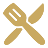 A fork, knife, and spoon crossed in a star shape.