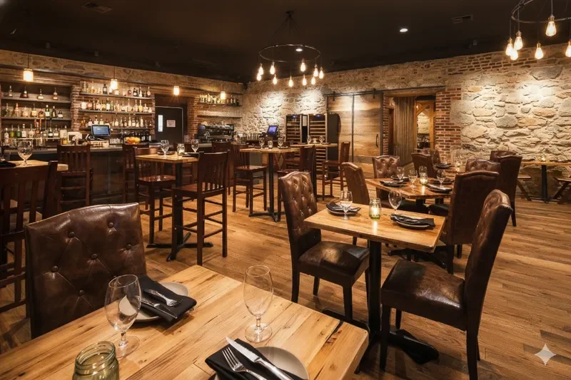 Interior of a cozy restaurant with wooden tables, leather chairs, a bar area, and warm lighting.