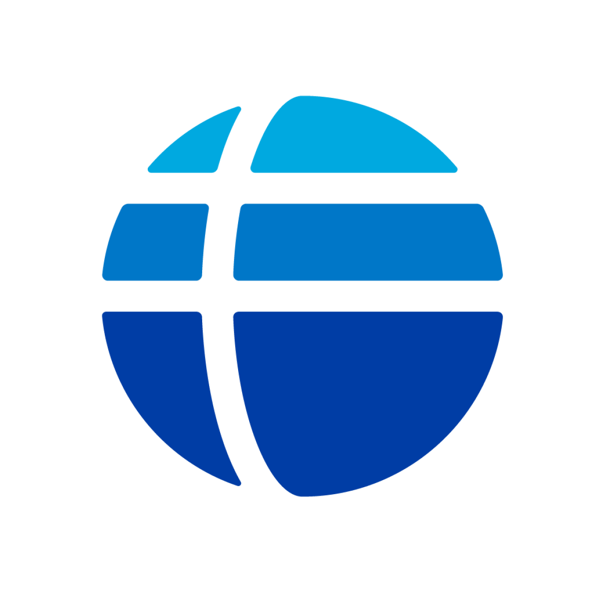 A stylized globe composed of blue segments with a grid pattern, representing global connectivity or international communication.