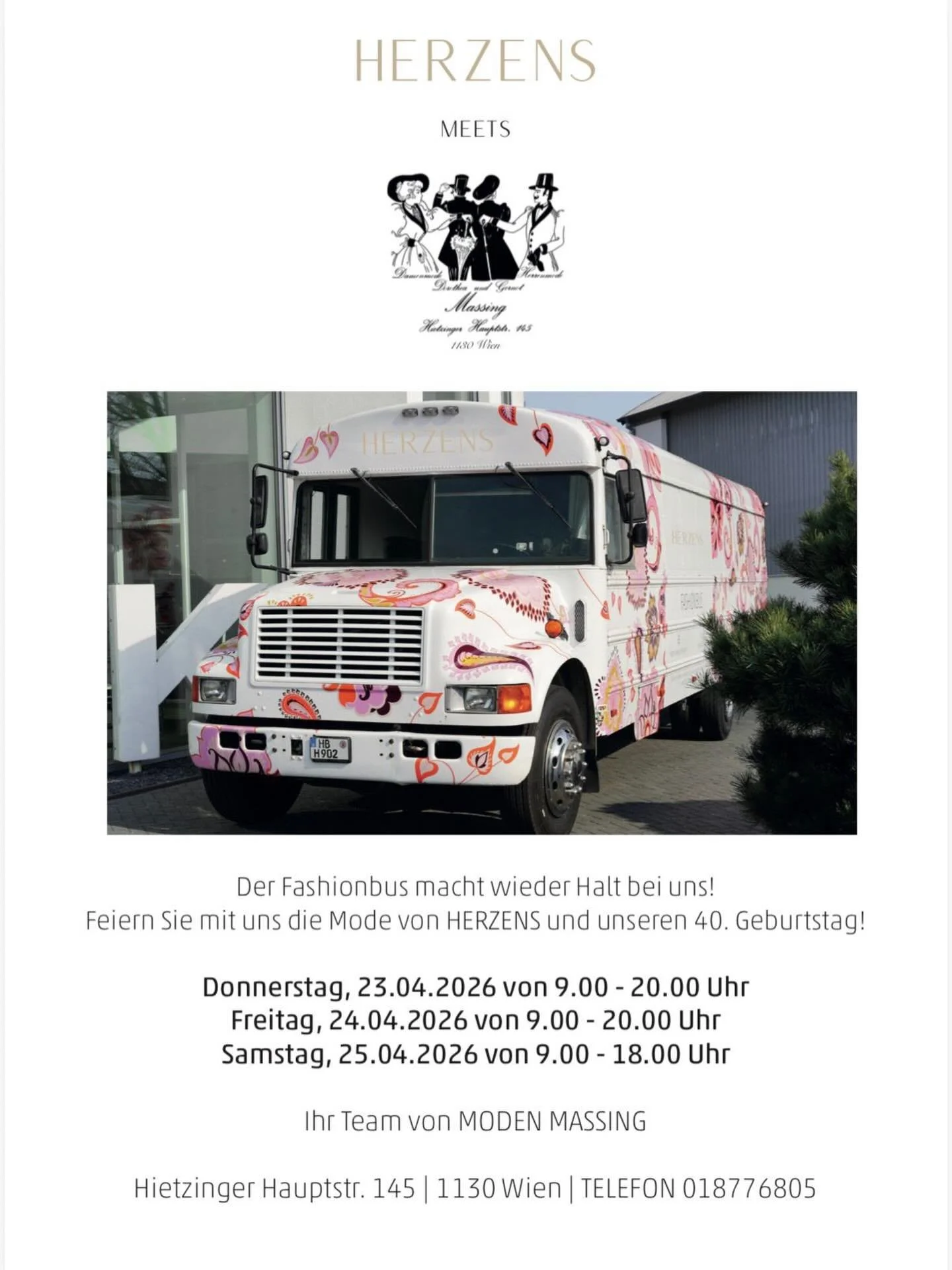 Bring frischen Wind in Deinen Kleiderschrank
Neuer Look f&uuml;r Dich💕der 💕Herzens Bus ist von 23 bis 25.4 vor unserem Gesch&auml;ft.
Tolle Teile, die es nur an diesen Tagen gibt.
Wir freuen uns auf Euer Kommen 
D&amp;G Massing &amp; Team💕

F&uuml