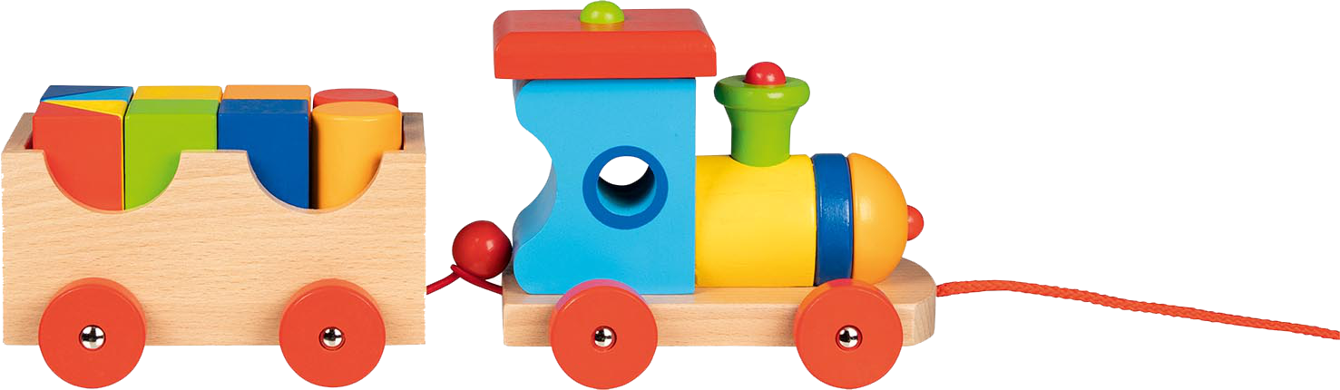 Ein bunter Holzspielzeugzug mit bunten Formen auf einem Boden, vor einem hellgrünen Hintergrund.