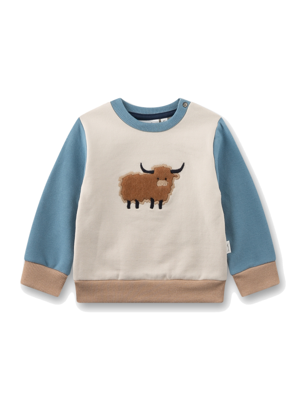 Kindersweatshirt mit Bison-Motiv, blaue und cremefarbene Farben, Rippbündchen an Ärmeln und Saum.