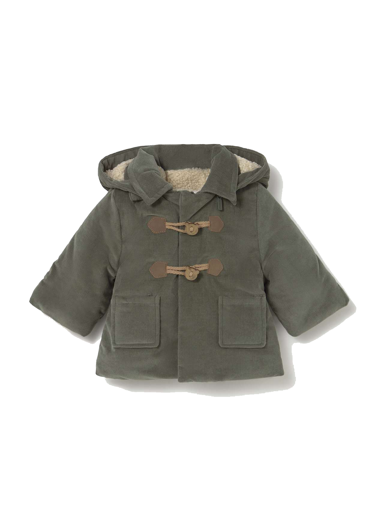 Grauer Kinder-Mantel mit Kapuze, Bommeln und großen Taschen