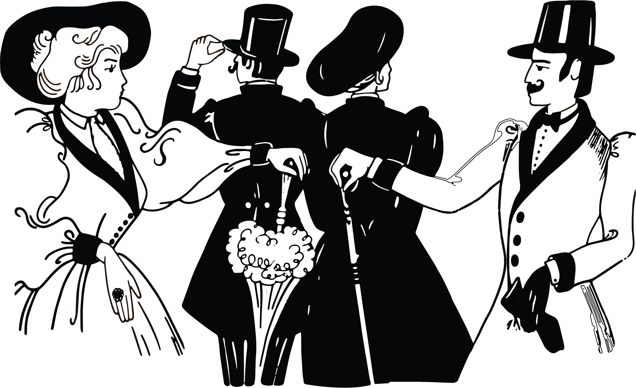 Illustration von zwei Damen und zwei Herren in Viktorianischem Stil, die miteinander interagieren.