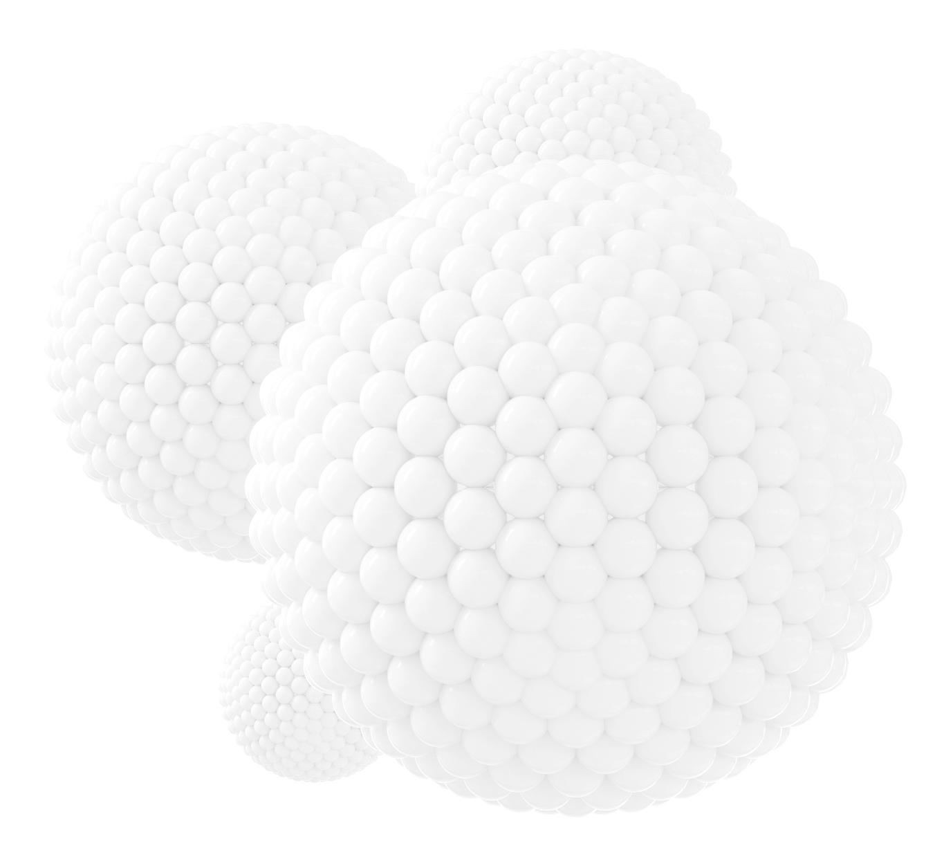 Three abstractwhite 3D spheres made of small interconnected balls.