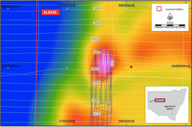 Geological map of the project. The image includes a license outline, a distance scale of 40 meters, and coordinates for reference.