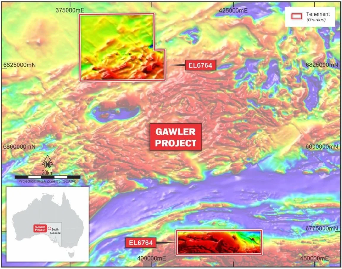 Geological map of the Gawler Project area in South Australia with color-coded areas, showing boundary outlines, project labels, coordinates, and inset map highlighting the project location in South Australia.