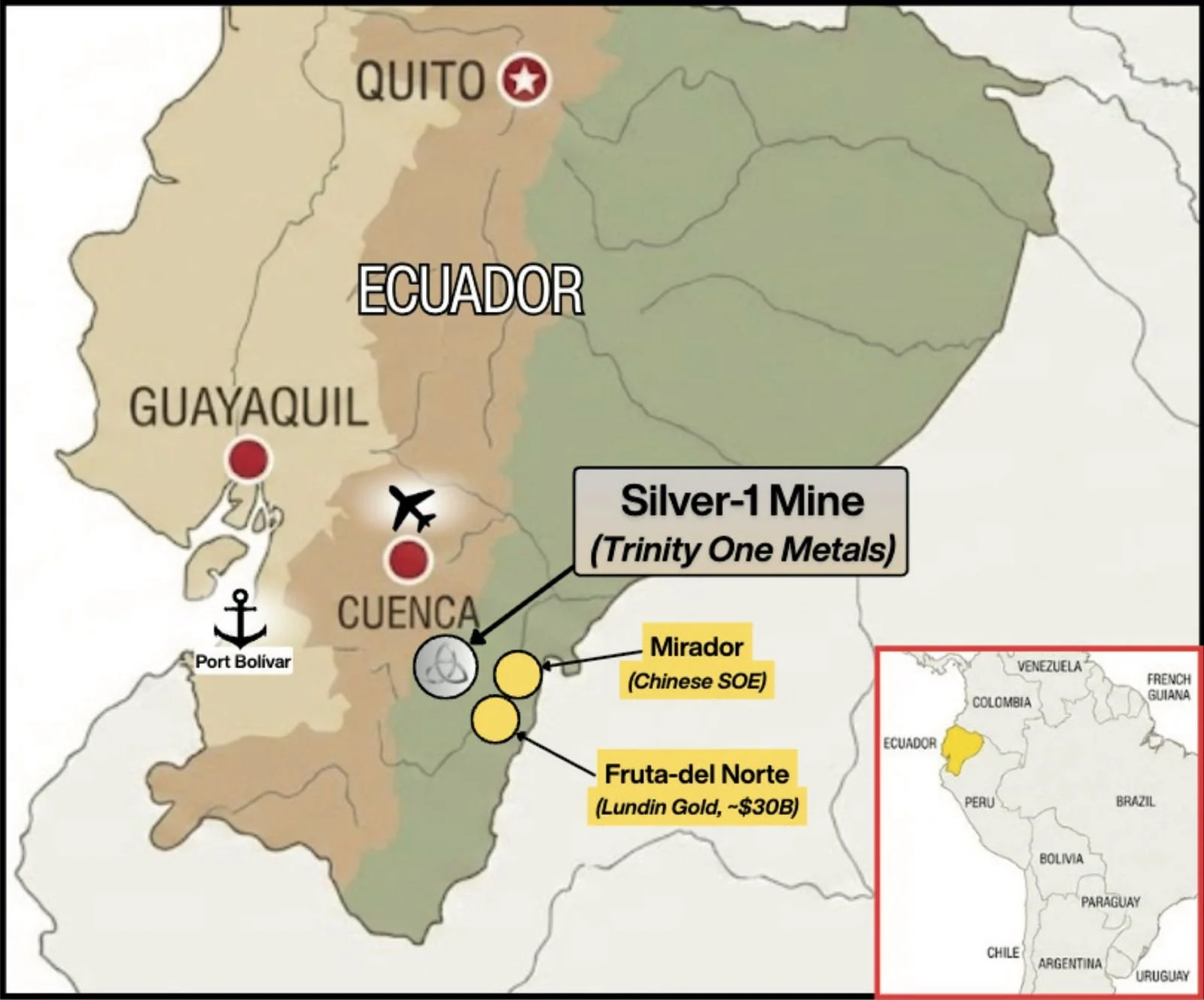 Ecuador Map Showing Ports, Cities, and Mining Operations