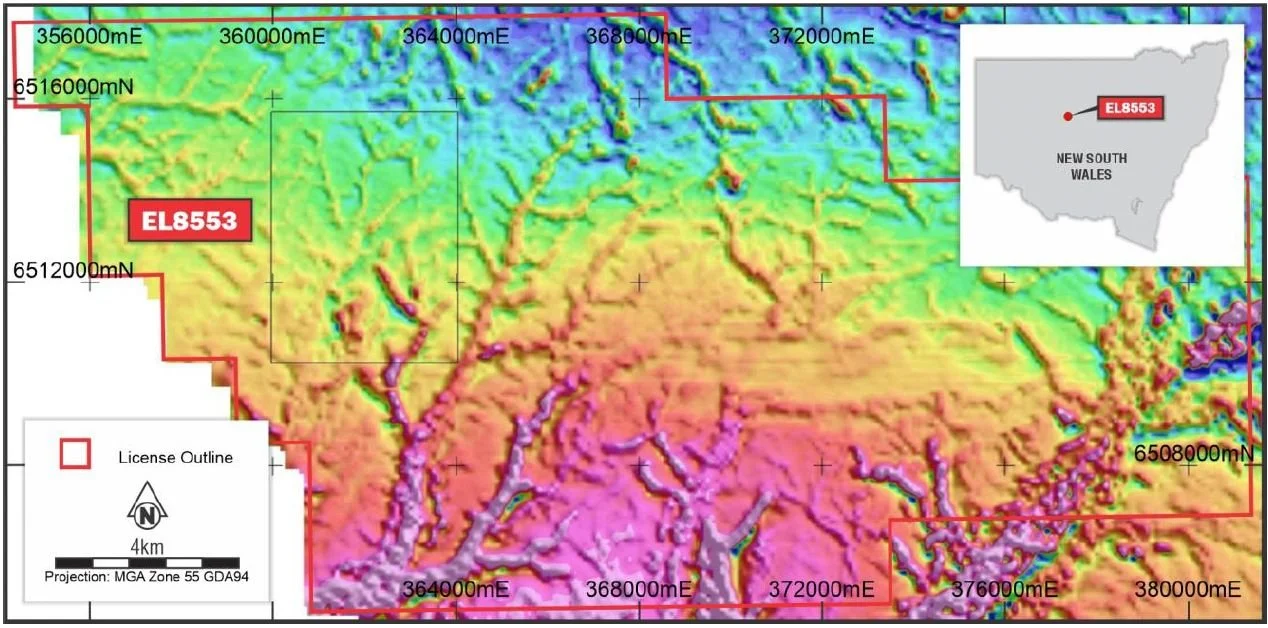Geological map of part of New South Wales, Australia, showing different features through color gradients, with license outline and specific coordinates labeled. Inset map highlights the area within New South Wales.