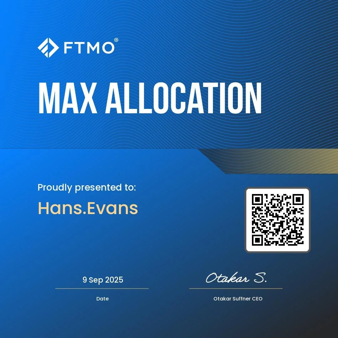 Certificate for maximum allocation presented to Hans.Evans, dated September 9, 2025, with the FTMO logo and a QR code.