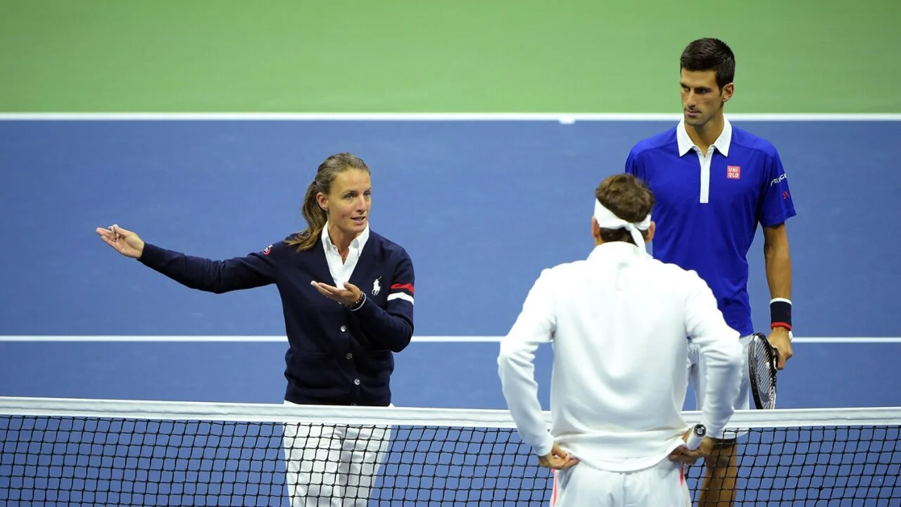 Eva Asderaki-Moore was the first woman to umpire a men's singles final at the US Open in 2015 Photo by USTA/Pete Staples