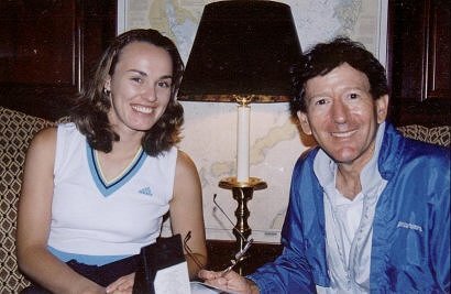 Paul Fein (right) interviewing Martina Hingis at the Ocean Edge Resort in Brewster, Massachusetts, in July, 2004. (Photo credit: Tim Balestri)