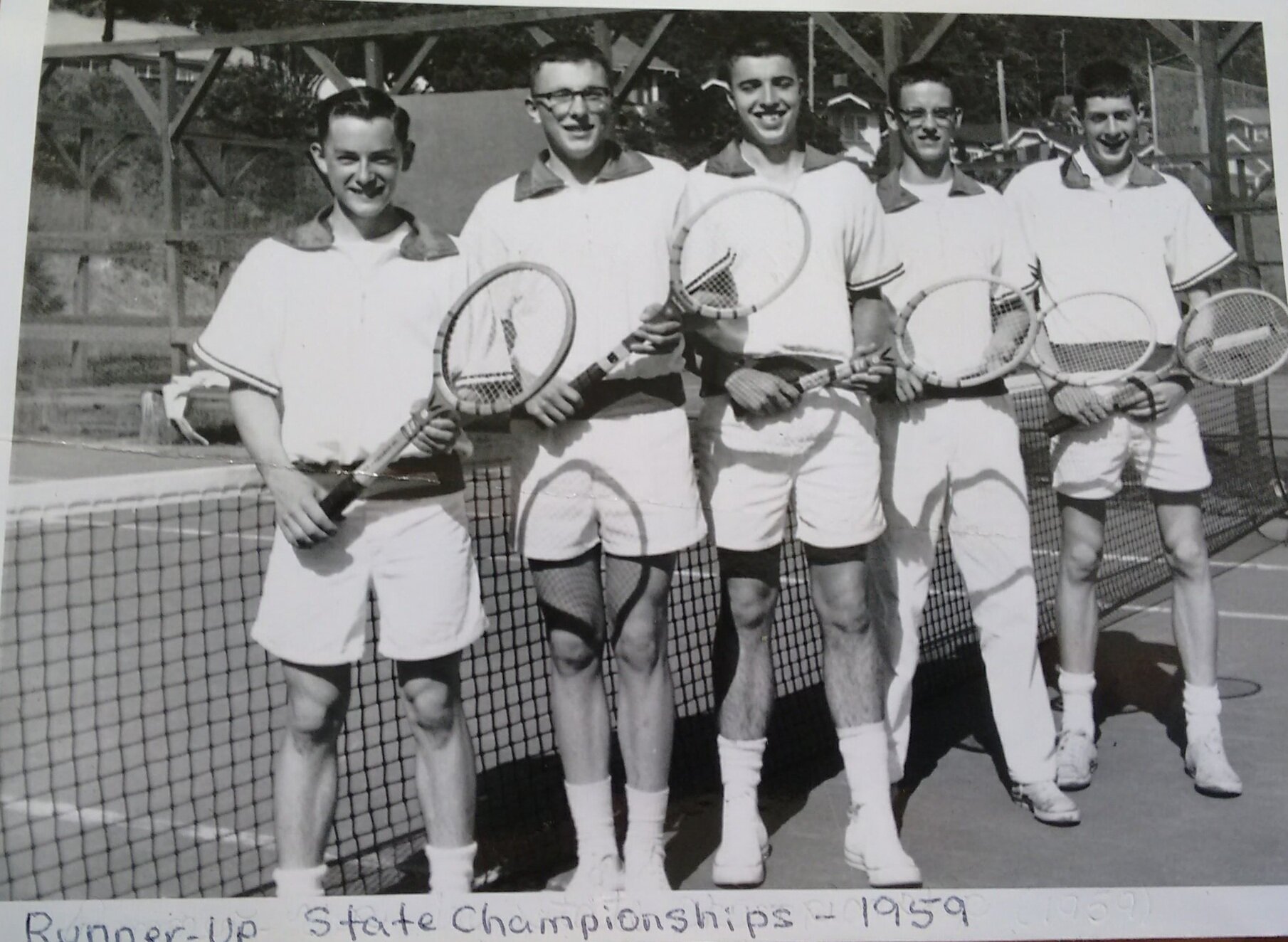 Marshfield High School 1959 State Runner Up team. John Popplewell, Gary Gehlert, Dale Hartley, Karl Coke and Larry Eickworth (left to right)