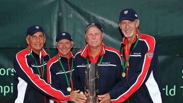 Winners at the 33rd annual International Tennis Federation (ITF) Super-Senior International Team Competition held Sept. 2013. The U.S. Von Cramm team (left to right): Fred Robinson, Tony Dawson, Tom Smith, Larry Turville