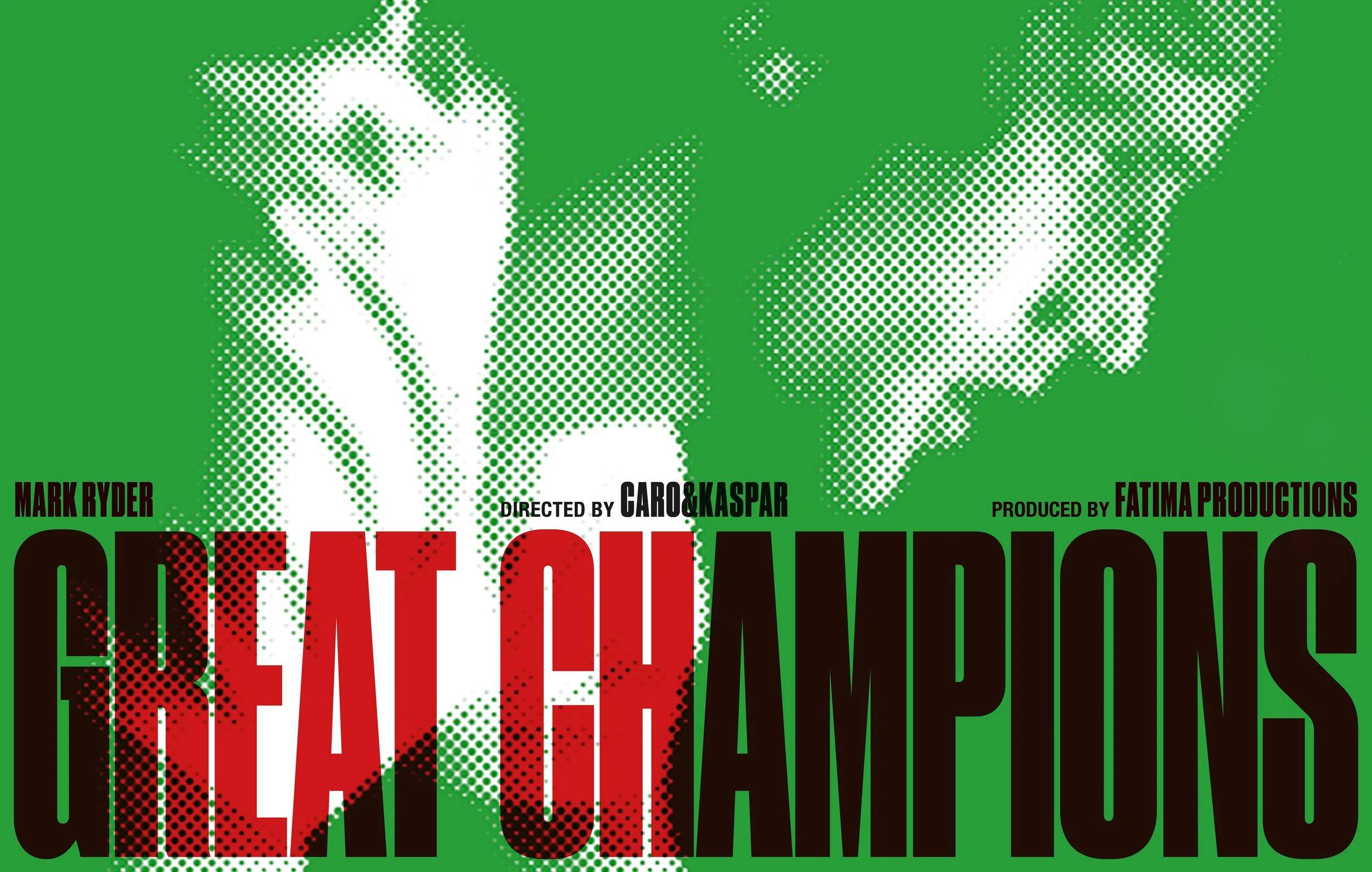 Stylized poster for the movie 'Greatest Champions,' featuring a dotted halftone image of two fighters' faces, green background, and bold red and black text.