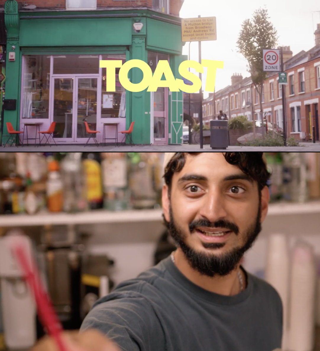 The top image shows a colorful storefront with outdoor seating, and the word 'TOAST' in large yellow letters. The bottom image features a man with dark hair and a beard, smiling inside a kitchen with various bottles and kitchen appliances in the background.