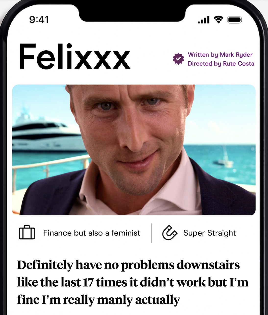 Close-up of a man smiling, on a boat with water and a yacht in the background, displayed on a smartphone screen.