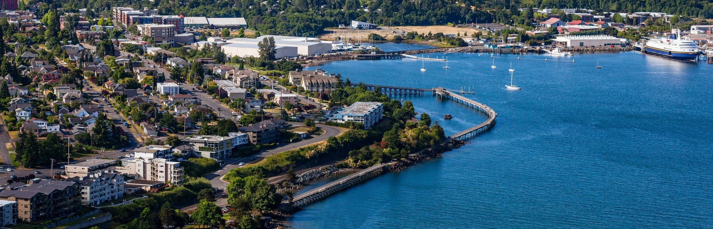 Aerial view of a coastal city with residential homes, commercial buildings, a marina with sailboats, a pier, and a large ship docked at the harbor, surrounded by lush green trees.