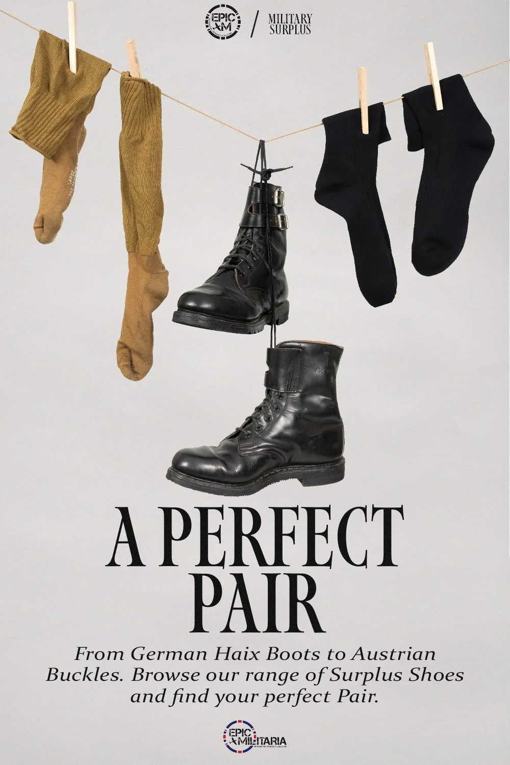 Main advertisement image for the Surplus Boots. Labelled "A Perfect Pair"