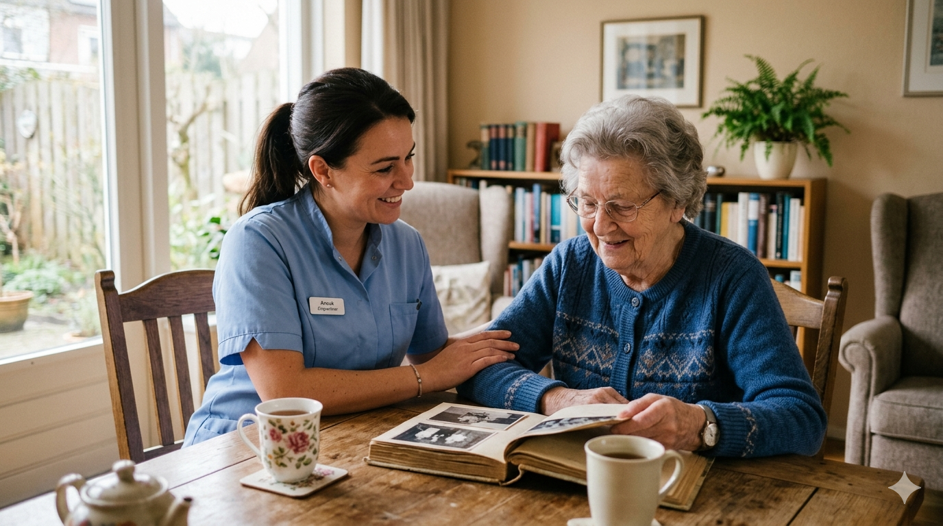 Een jonge vrouw in verpleegstersuniform die een oudere vrouw helpt door samen naar een fotoalbum te kijken in een gezellige woonkamer.